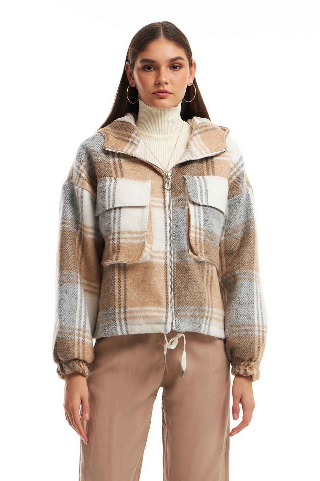 Checkered Hooded Coat Brown