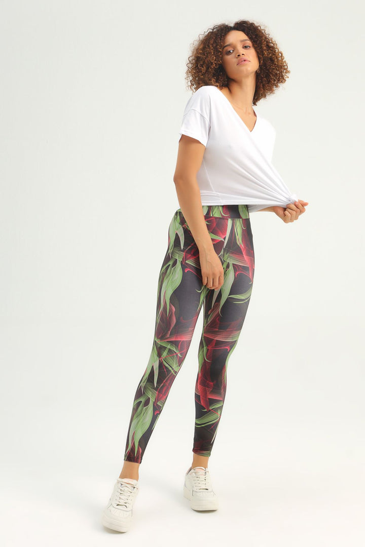 Desenli Yüksek Bel Spor Tayt Haki