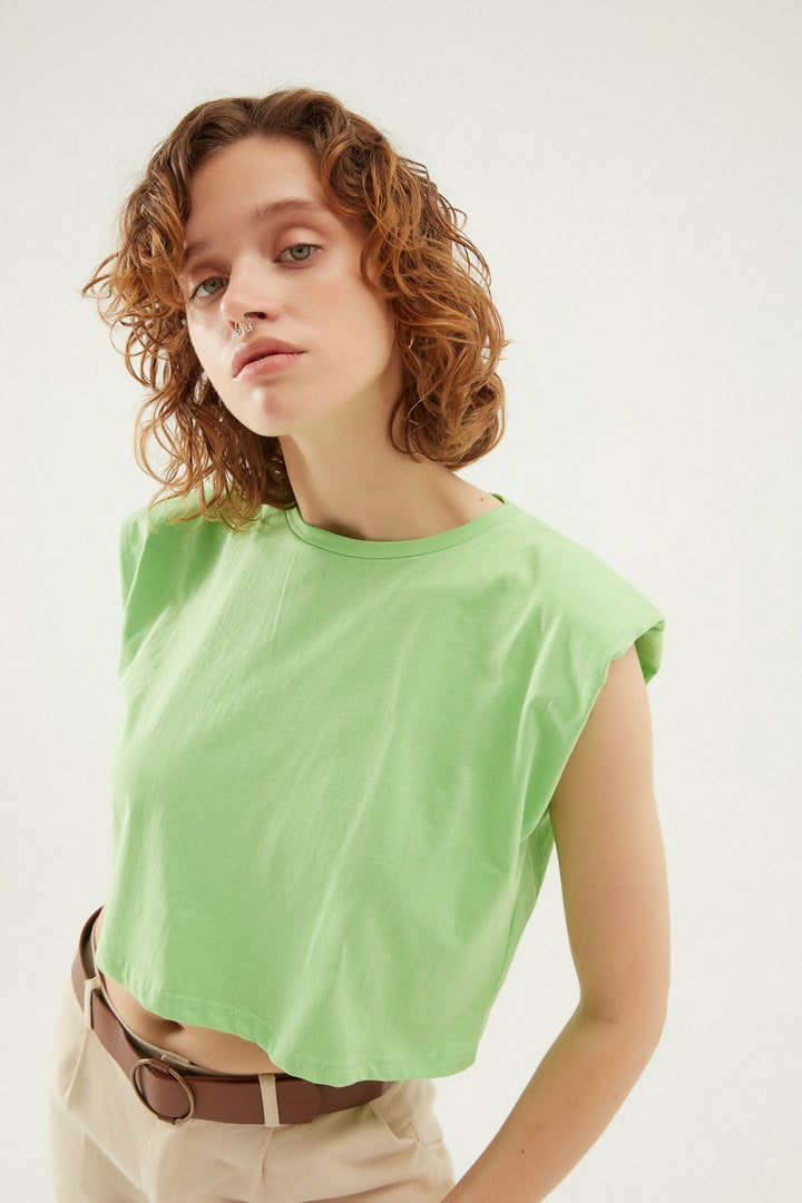 Vatkalı Basic Crop Tişört Açık Yeşil