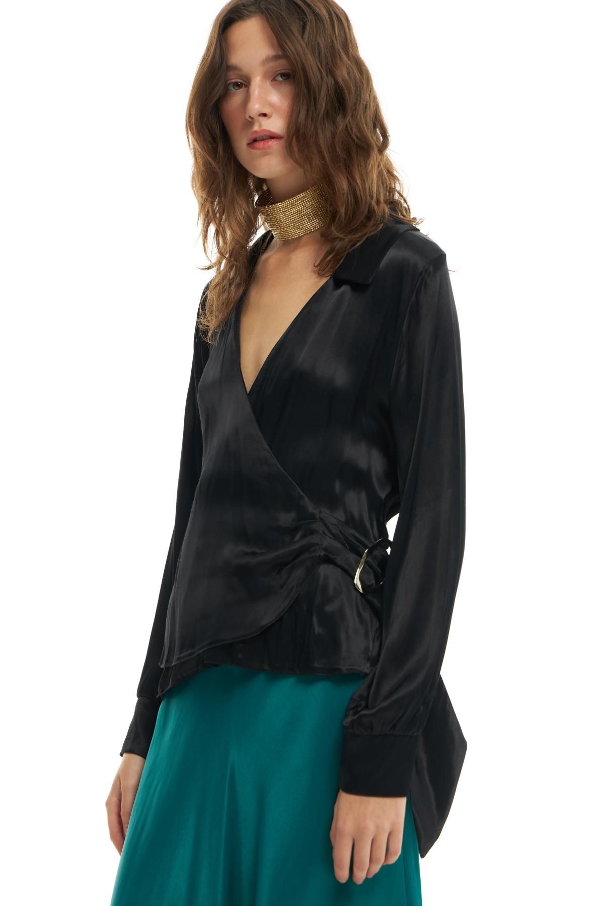 Double Breasted Tie Satin Shirt Black