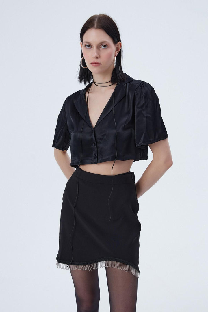 Button Detailed Crop Satin Shirt Black