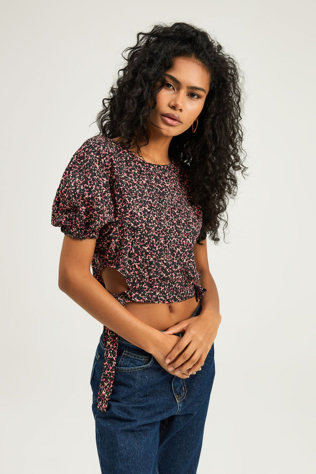 Tie Side Balloon Sleeve Blouse Black