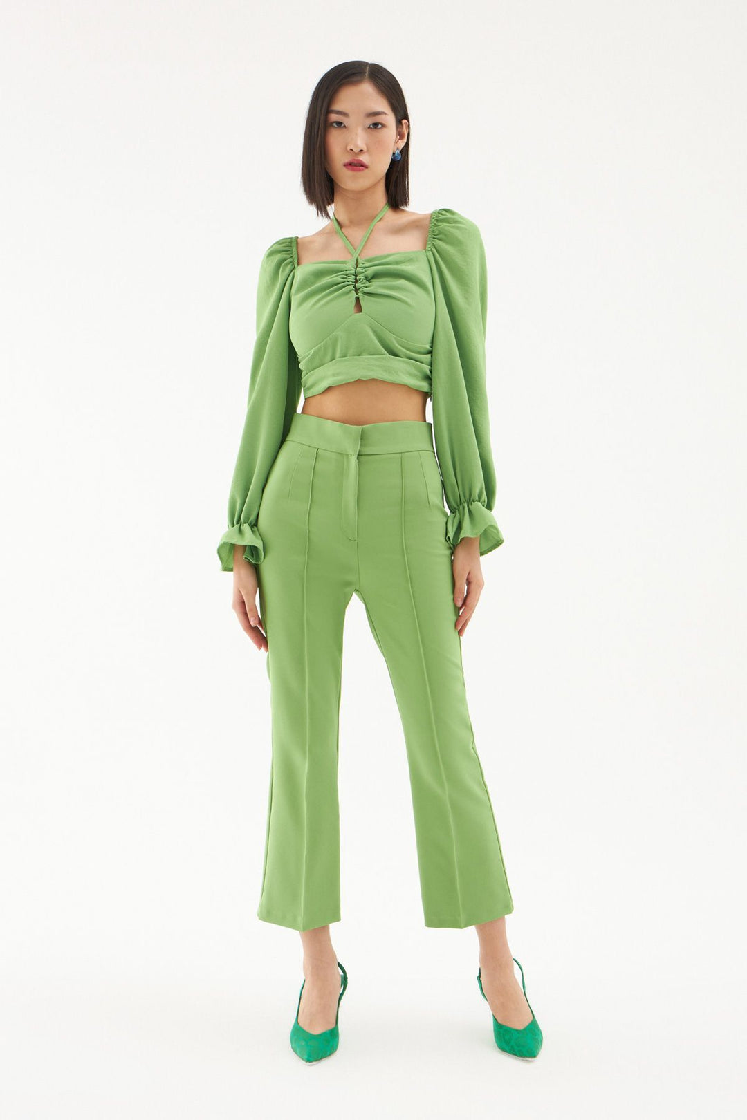 Tie Detailed Balloon Sleeve Blouse Green