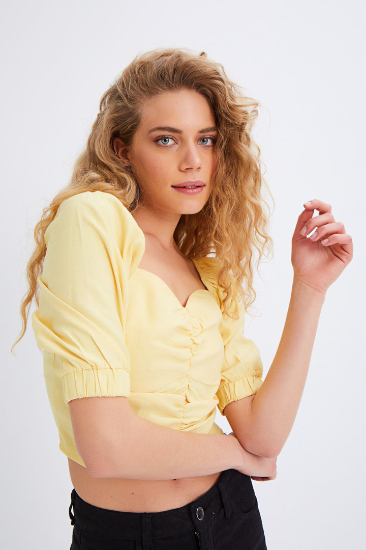 Balloon Sleeve Gipe Detailed Blouse Yellow
