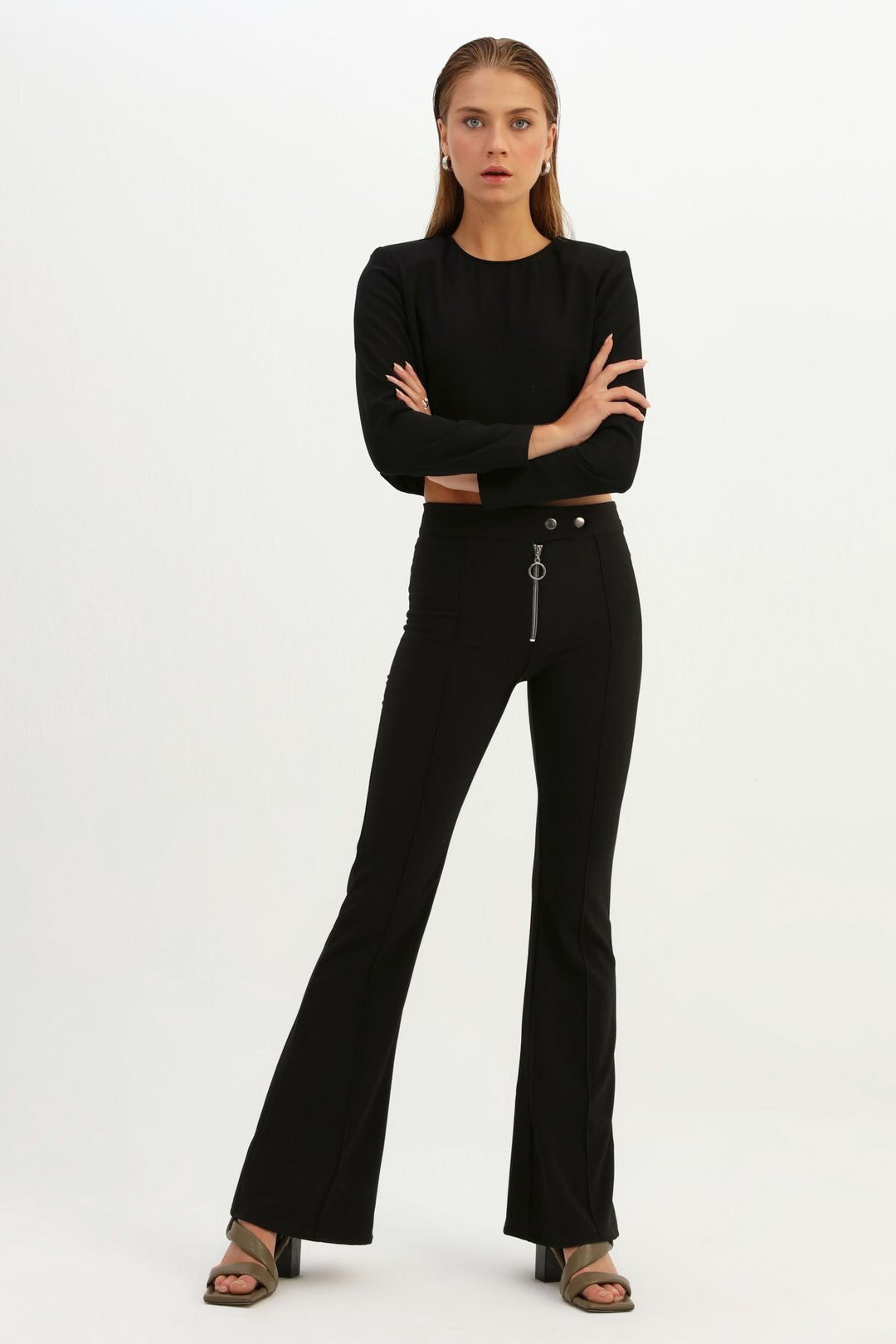Waistband Crop Blouse Black