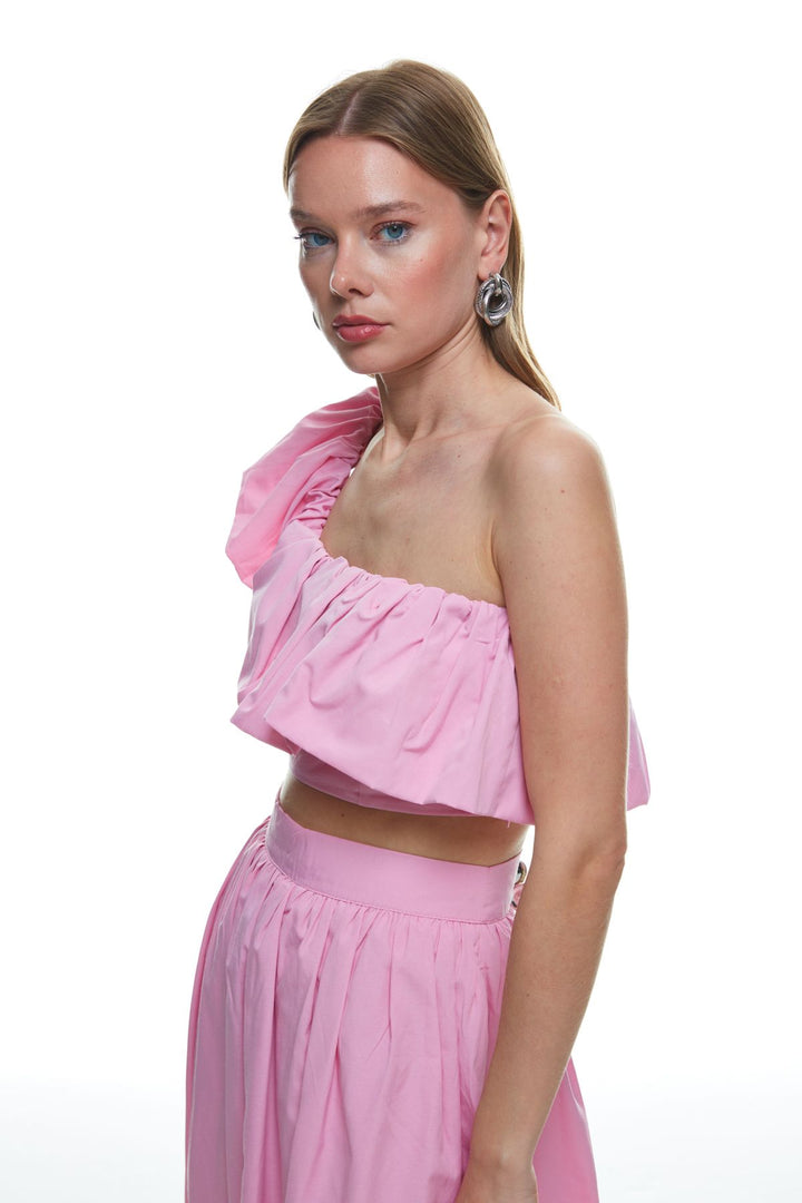 Ruffle Detailed One-Shoulder Crop Blouse Pink