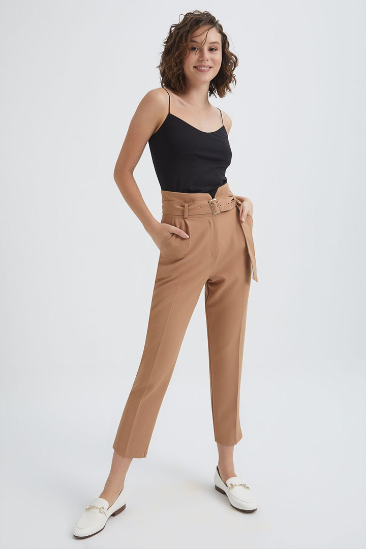 Belted High Waist Casual Trousers Camel