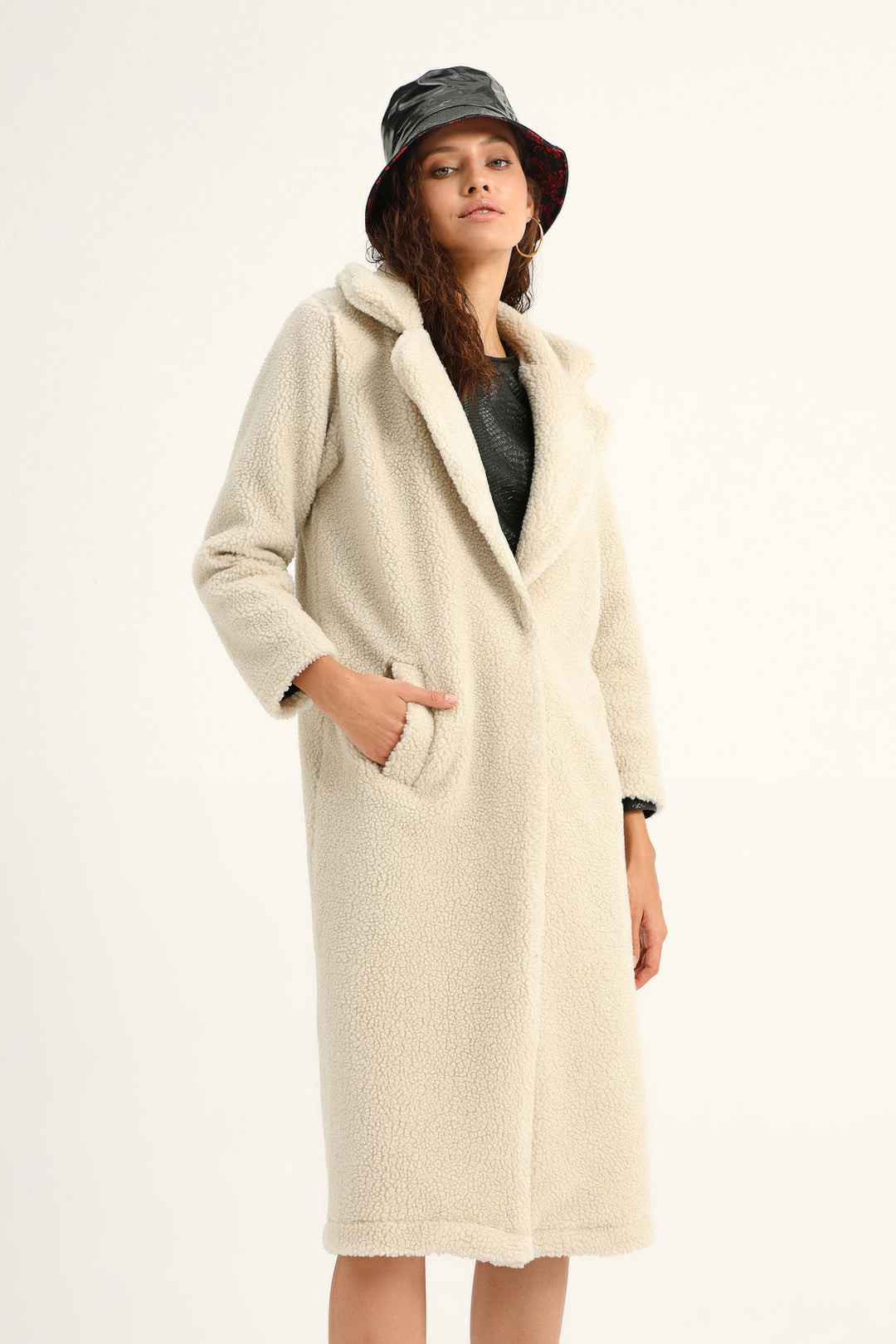 Plush Single Button Coat Ecru