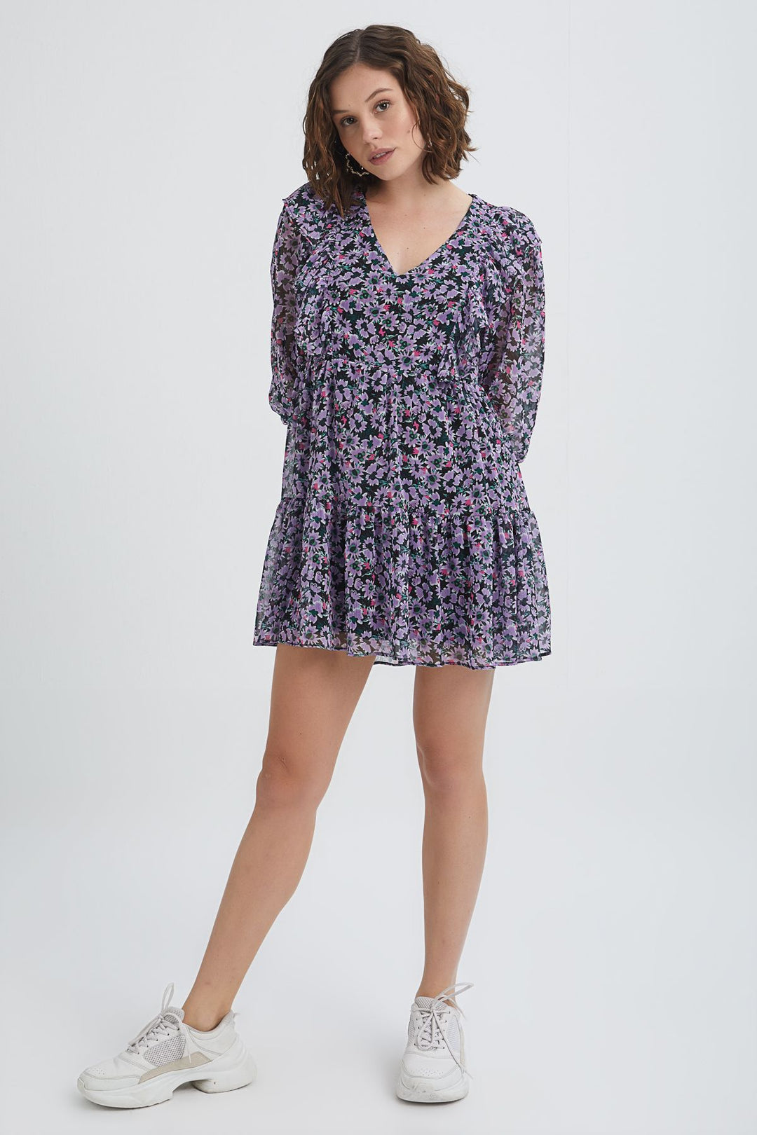 Floral Patterned V-Neck Dress Lilac