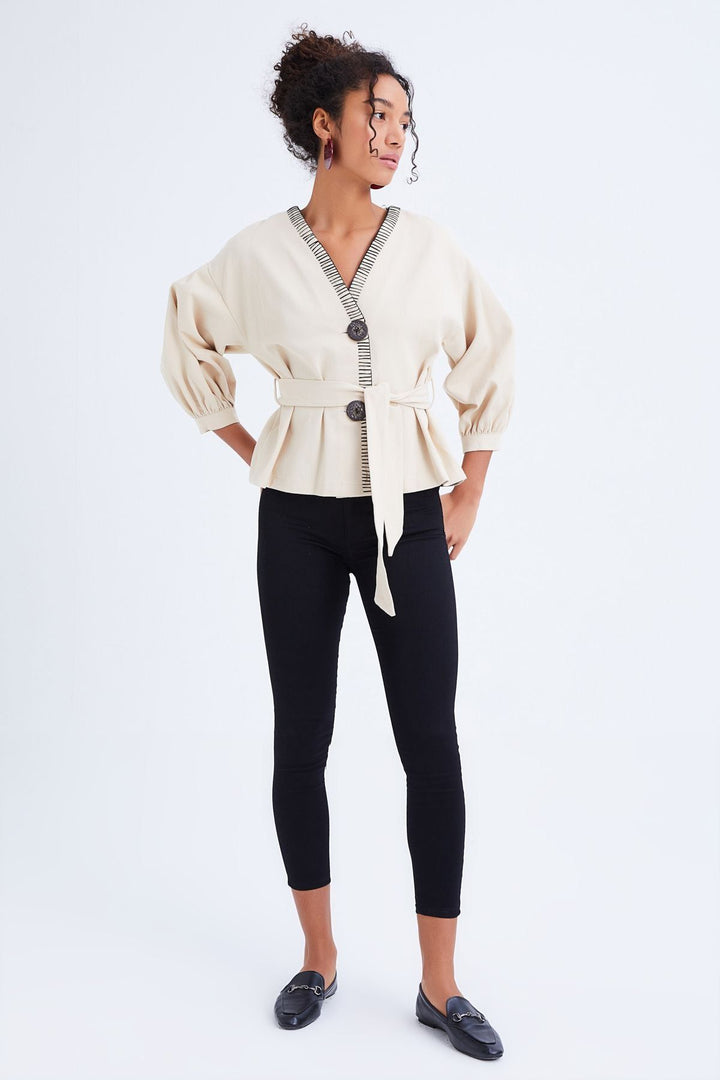 Belt Detailed Buttoned Seasonal Jacket Bone