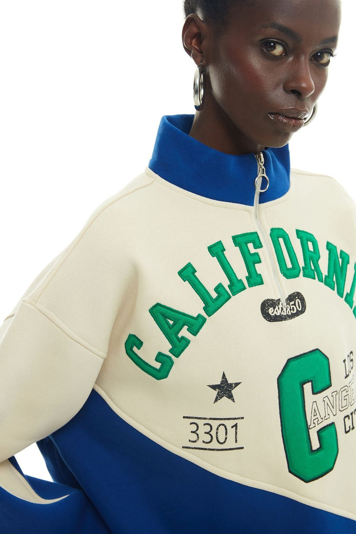 Stand Up Collar Printed Sweatshirt Beige