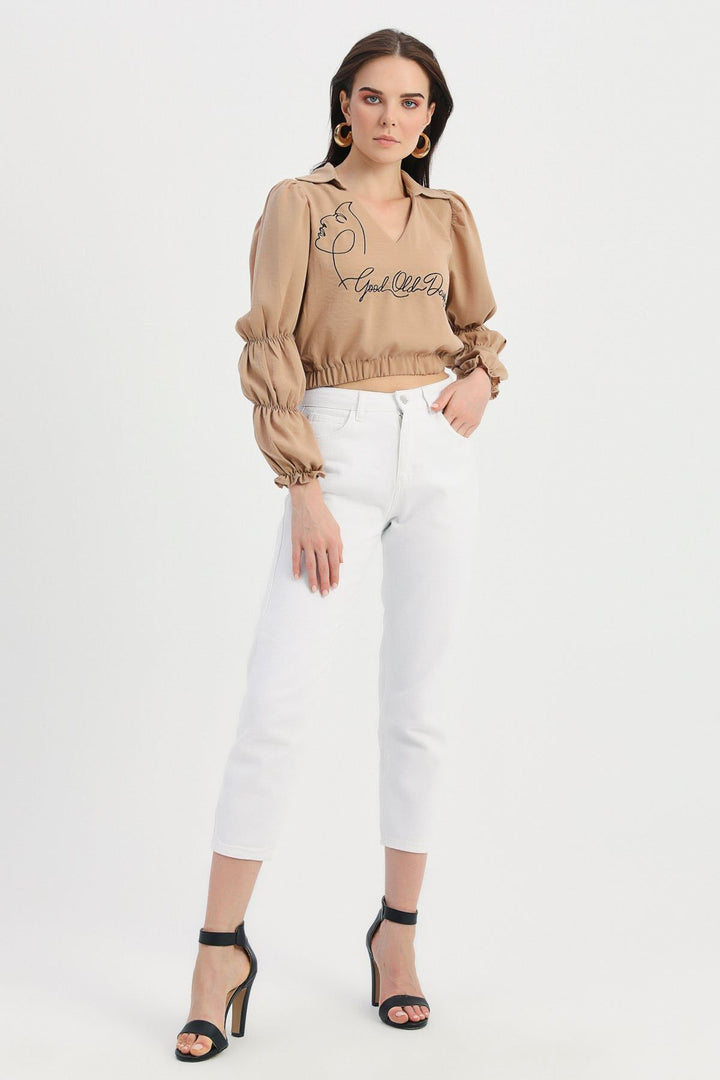 Embroidered V Neck Blouse Camel