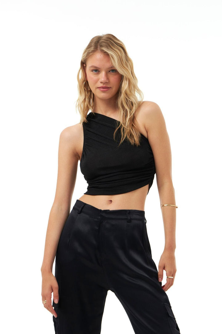 Pleated One-Shoulder Blouse Black