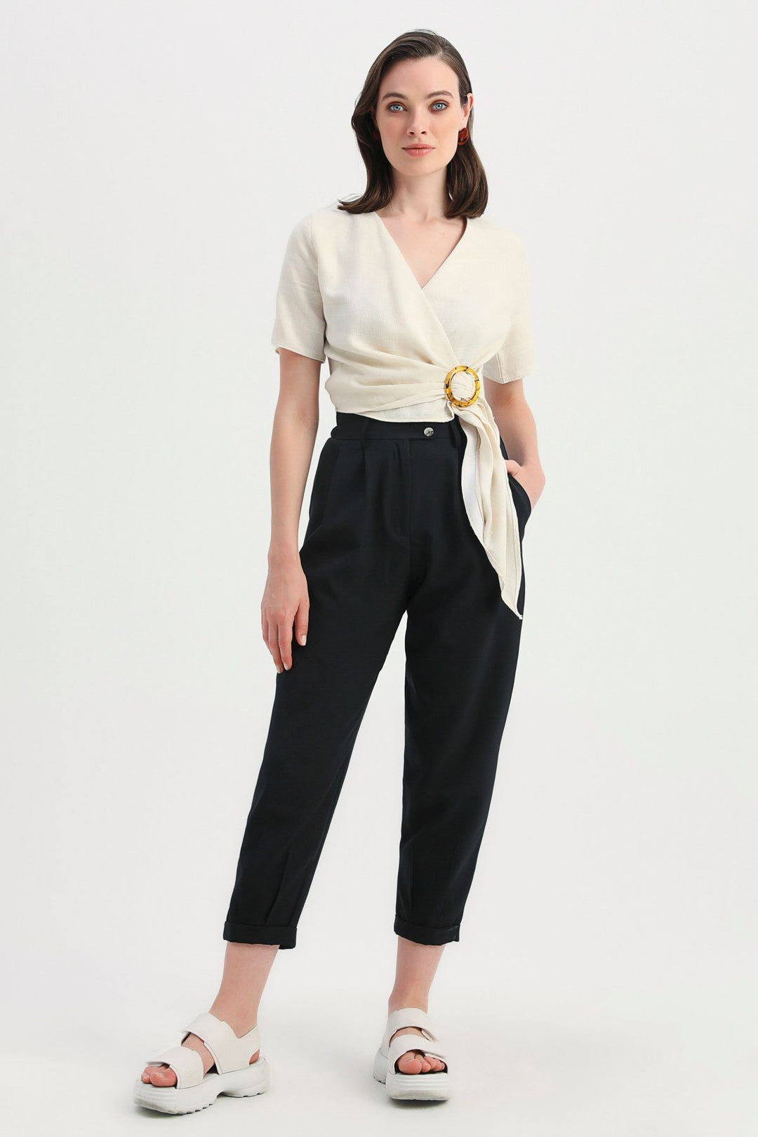 Buckle Detailed Double Breasted Blouse Ecru