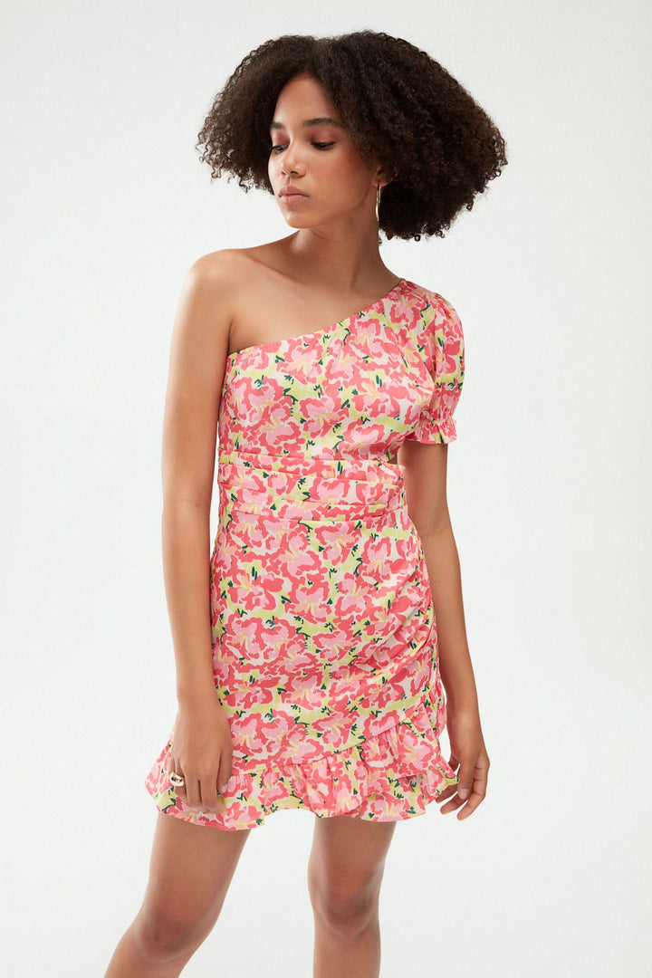 Floral One Shoulder Decollete Dress Pink