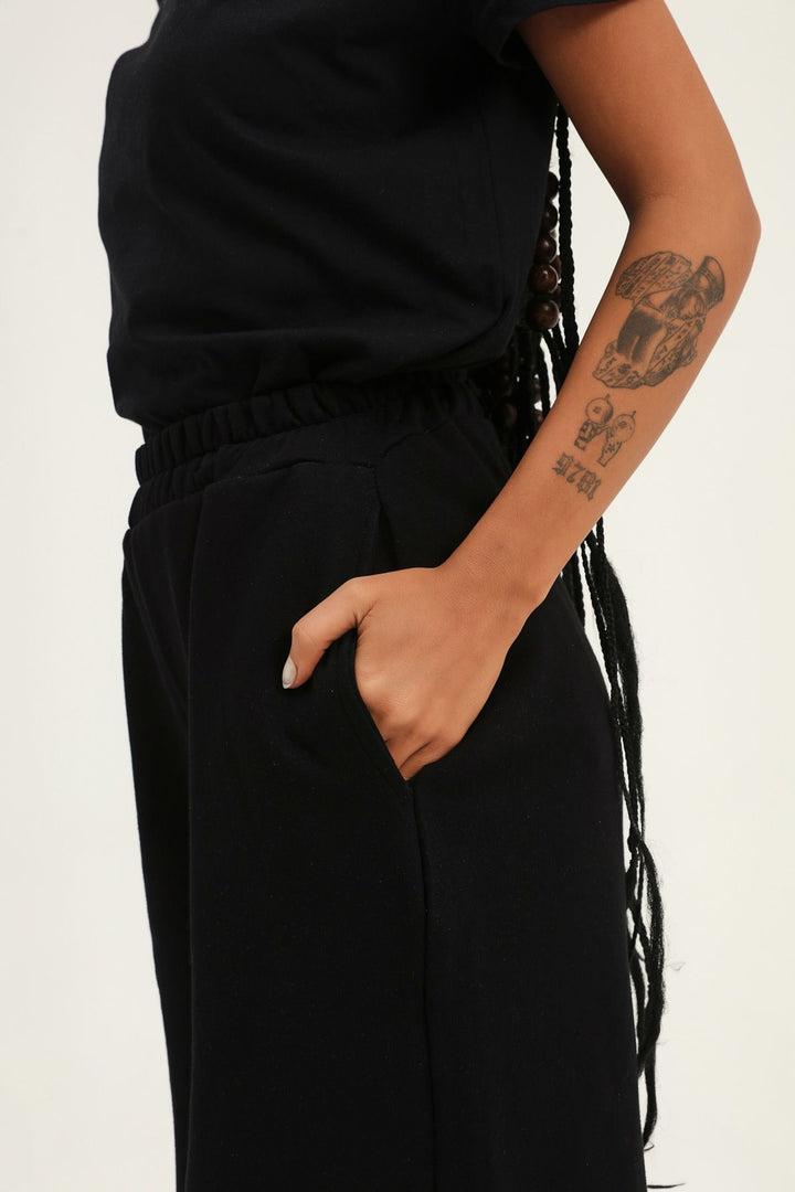 Ripped Detailed Tracksuit Black with Elastic Waist