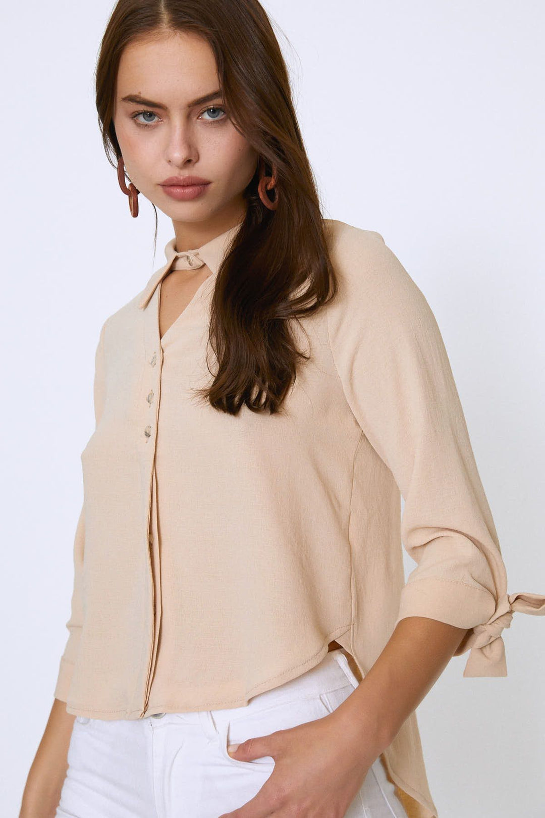 V-Neck Shirt with Tied Sleeves Stone