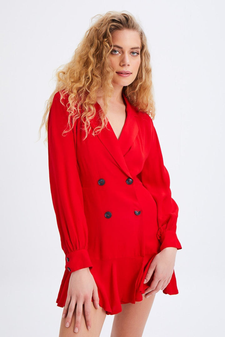 Double Breasted Buttoned Ruffle Dress Red