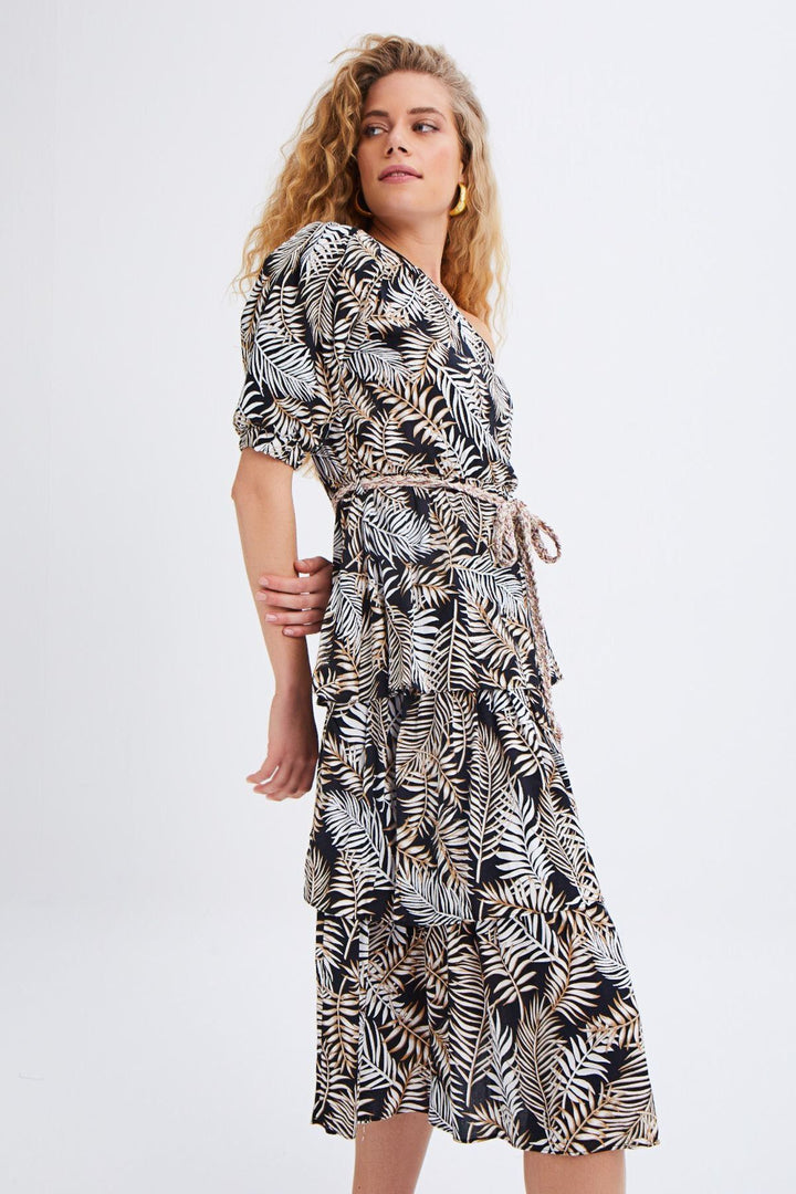 Patterned One-Shoulder Straw Belt Dress Black