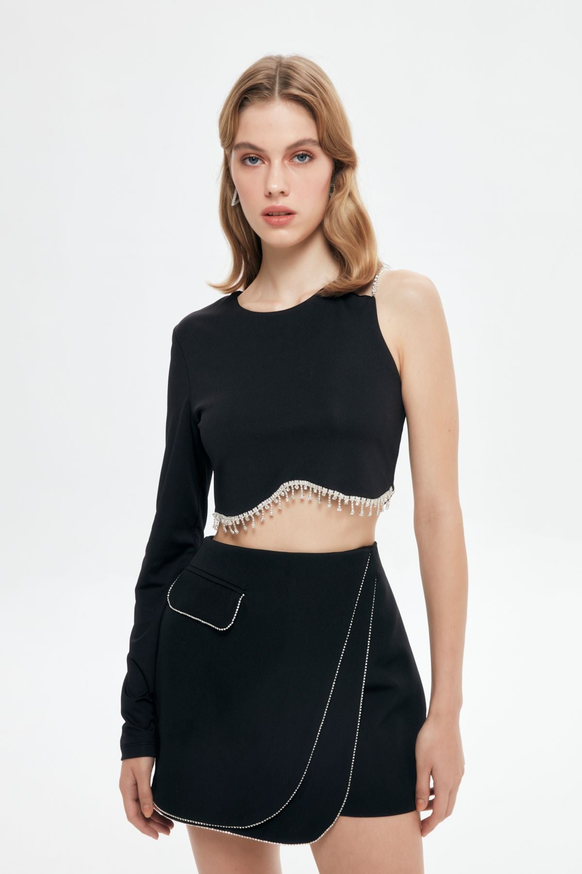 One Shoulder Blouse with Stone Accessories Black