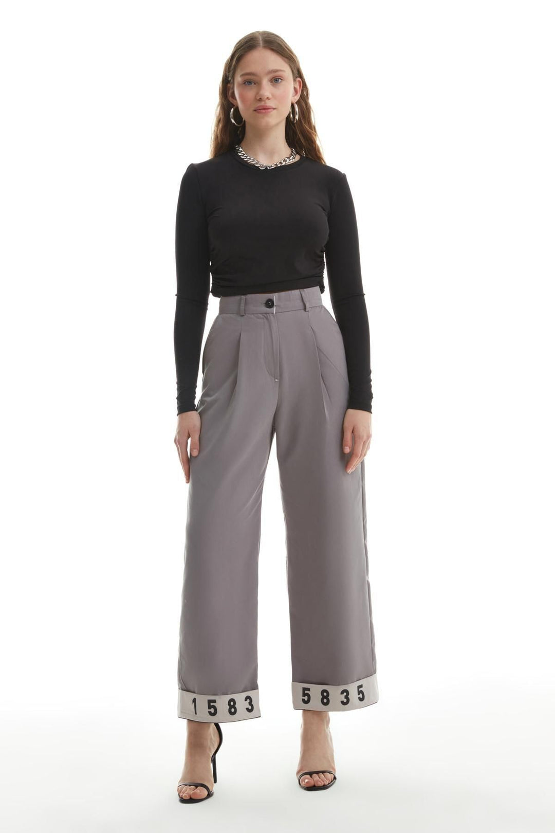 Paçası Baskılı Kanvas Pantolon Gri