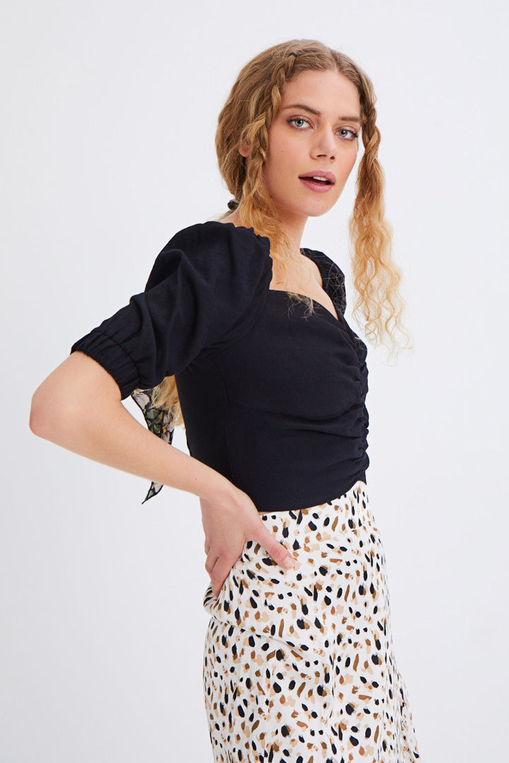 Balon Kol Gipe Detaylı Bluz Siyah