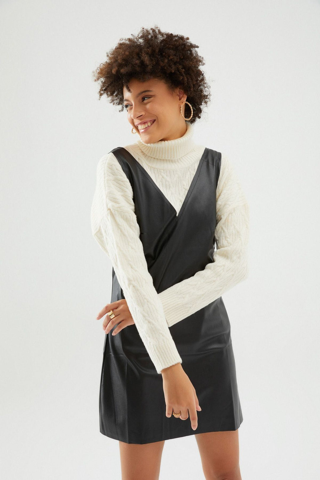 V Neck Leather Dress Black