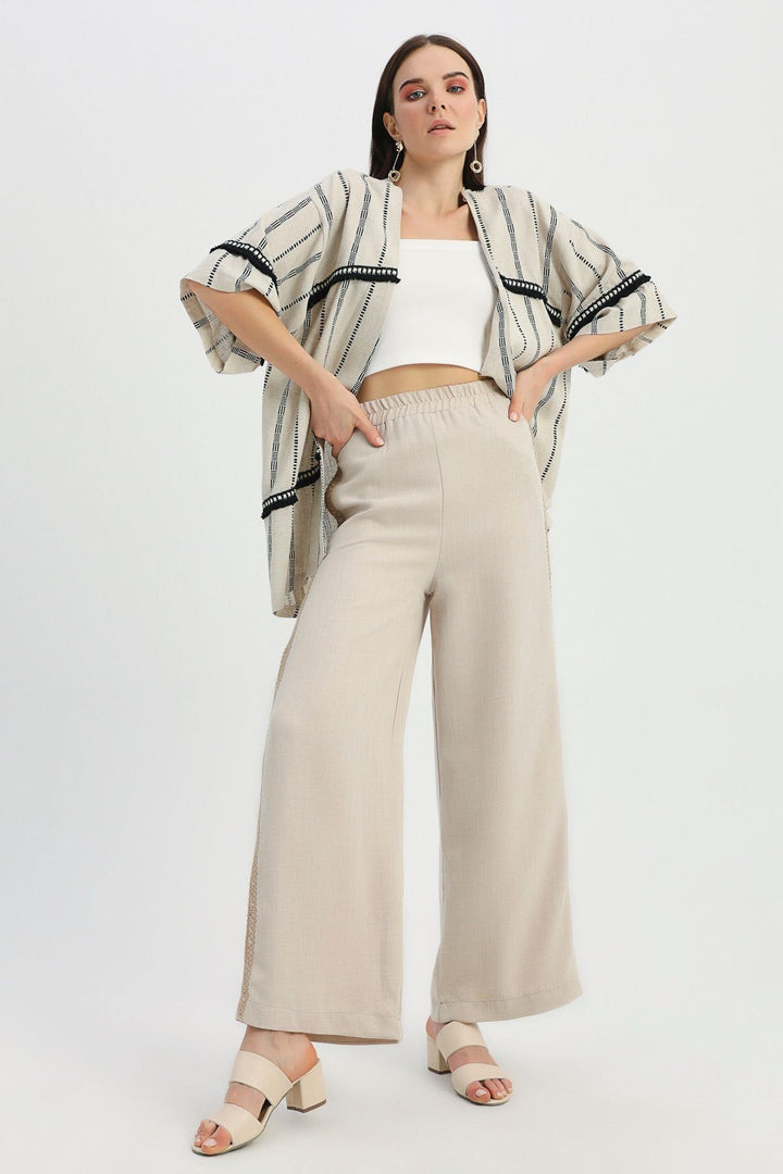 Desenli Şerit Detaylı Keten Kimono Naturel