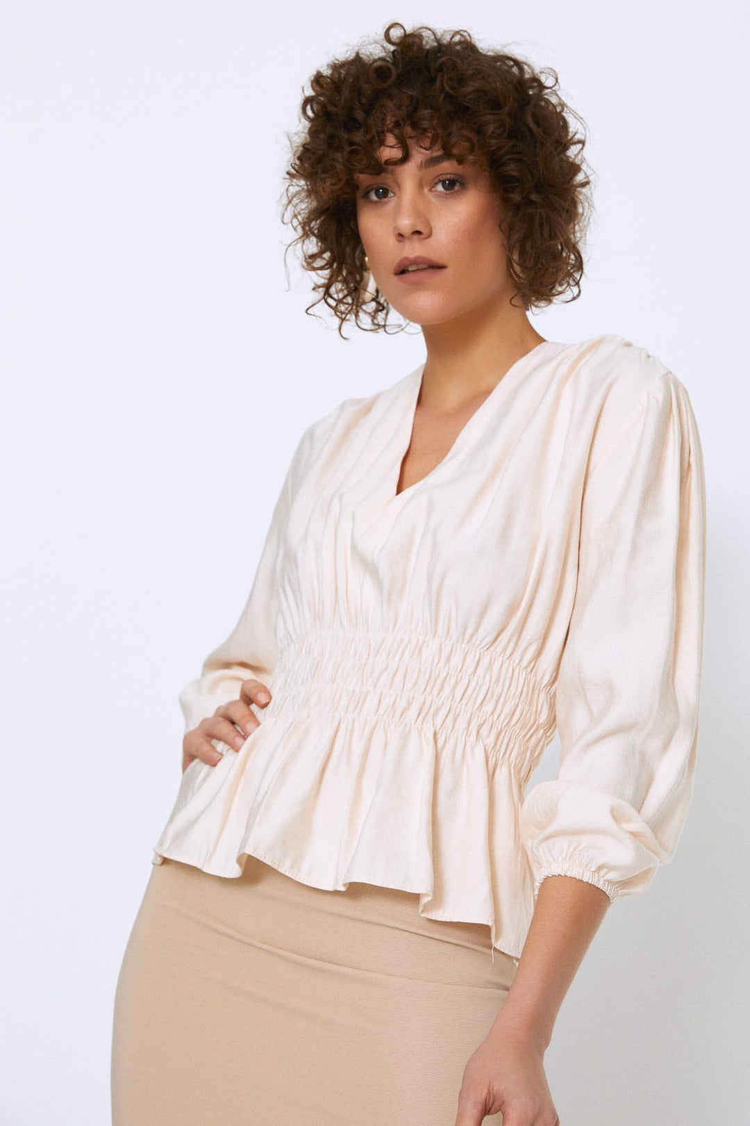 Long Sleeve Blouse Bone Gippled Waist
