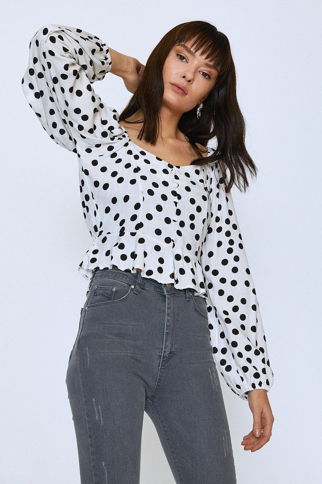 Önü Düğmeli Peplum Bluz Siyah