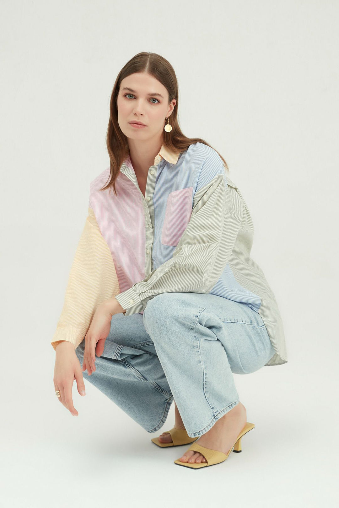 Çizgili Renkli Oversize Gömlek Pembe