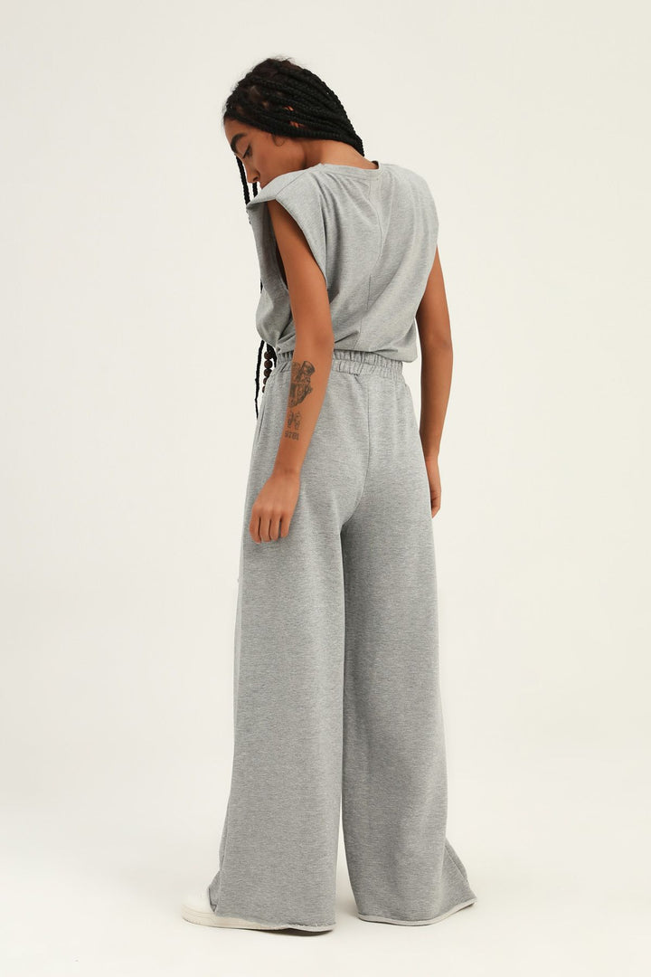 Ripped Detailed Tracksuit with Elastic Waist Graymelange