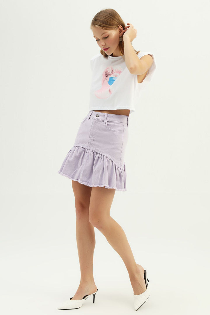 Etek Ucu Pile Detaylı Kot Etek Lila