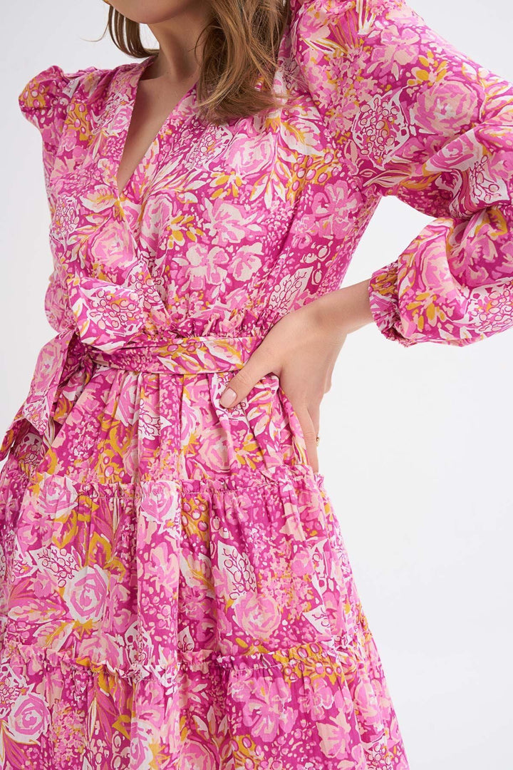 Patterned Tie Waist Double Breasted Dress Pink