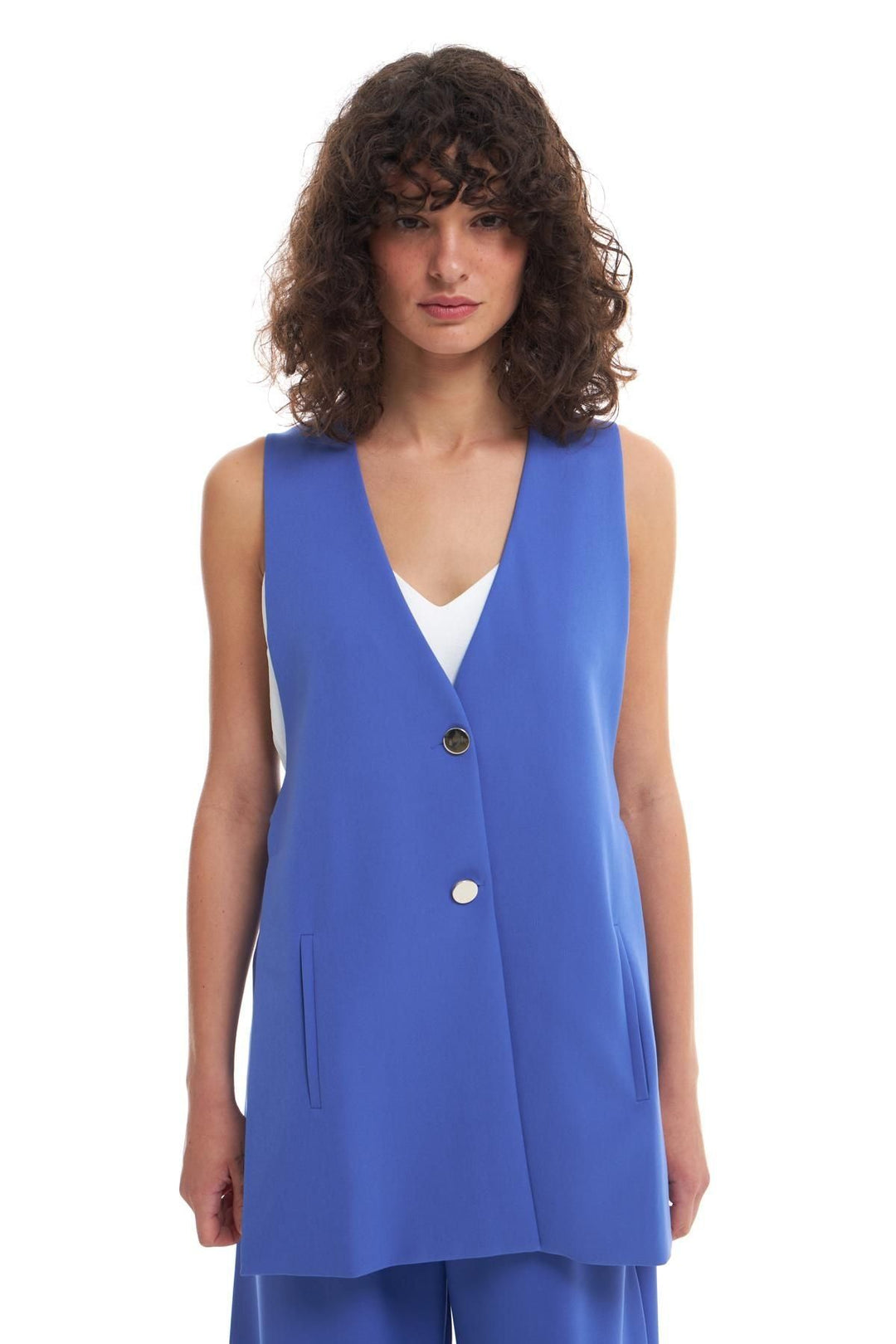 Open Side Buttoned Vest Jacket Dark Blue