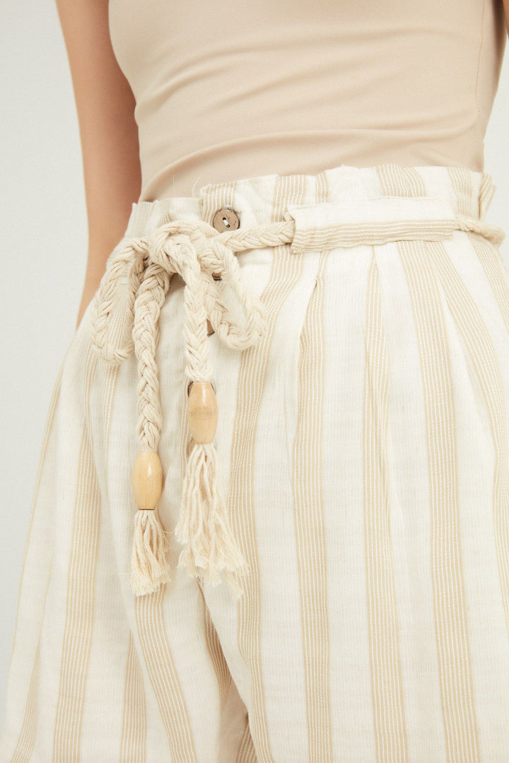 Striped Belted Linen Shorts Beige
