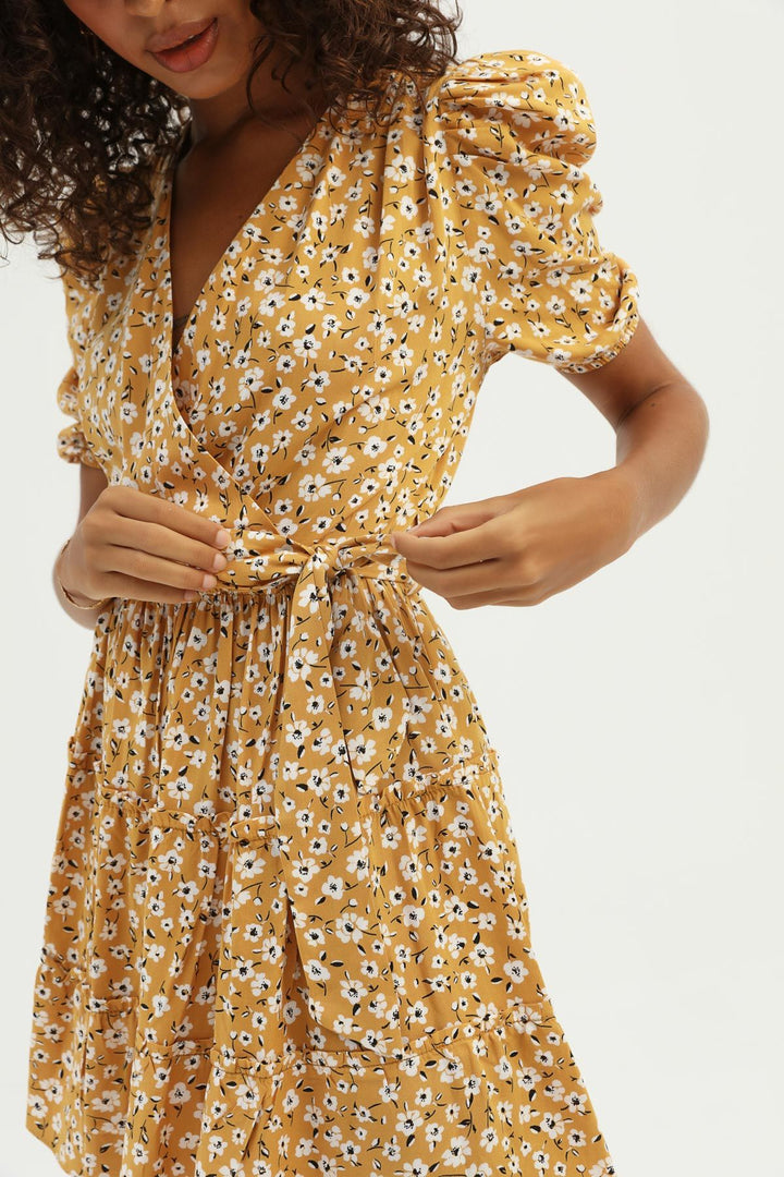 Floral Waistcoat Double Breasted Dress Mustard