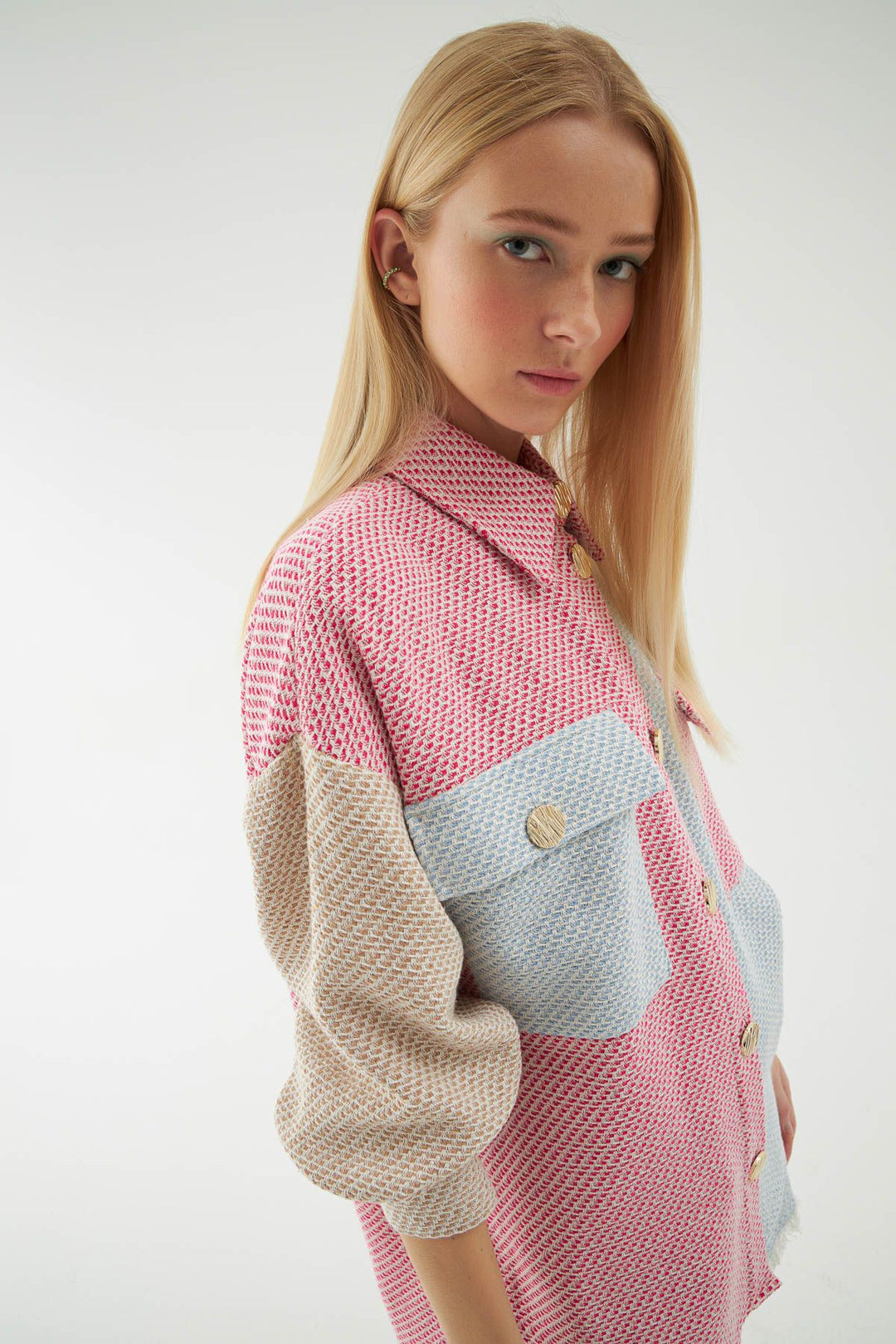 Tweed Pocket Oversize Shirt Beige