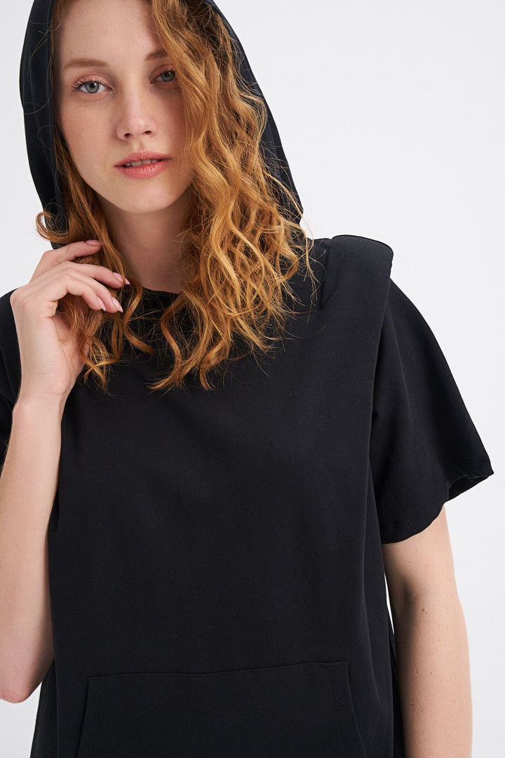 Hooded Kangaroo Pocket Long Sweatshirt Black