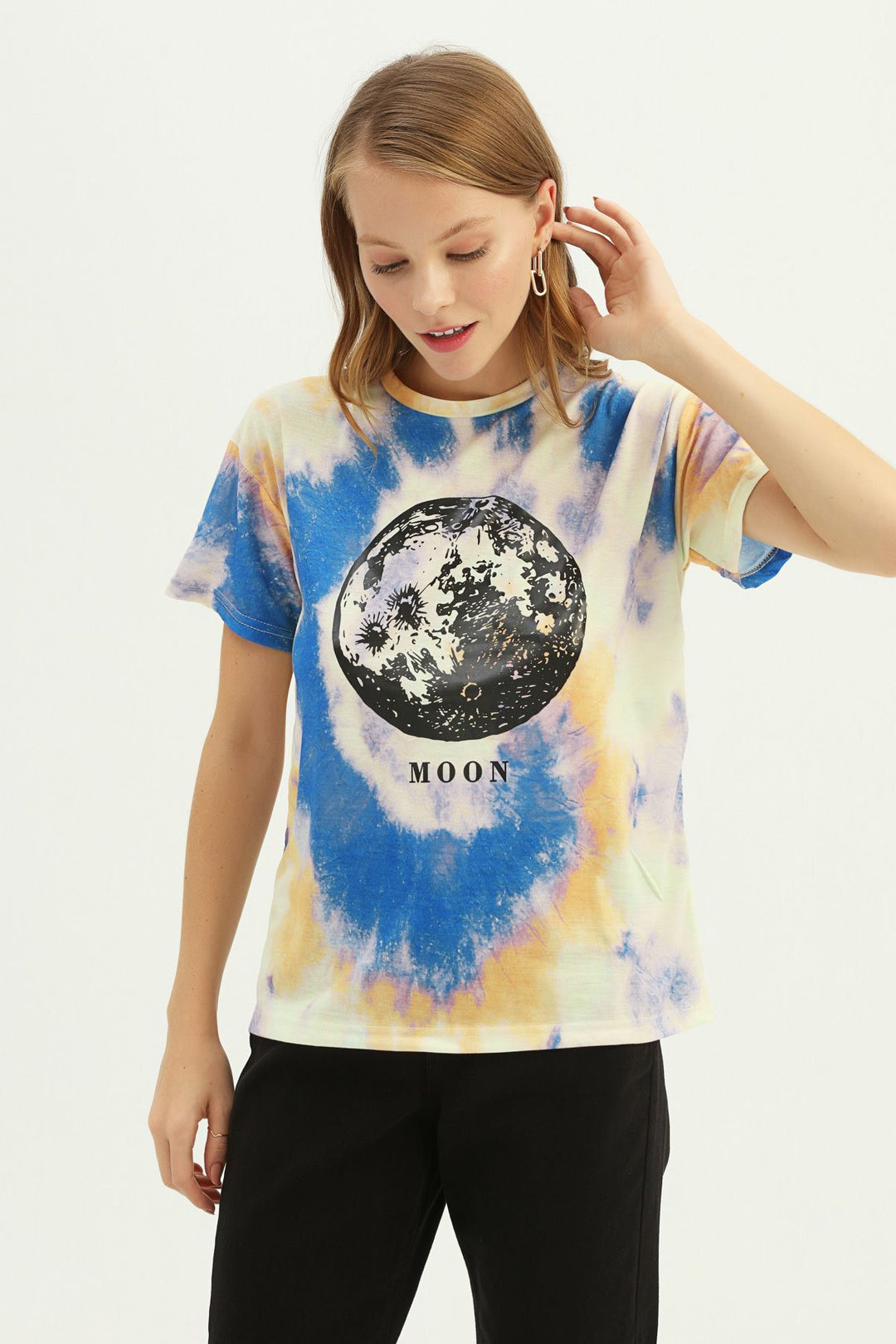 Desenli Baskılı Tişört İndigo