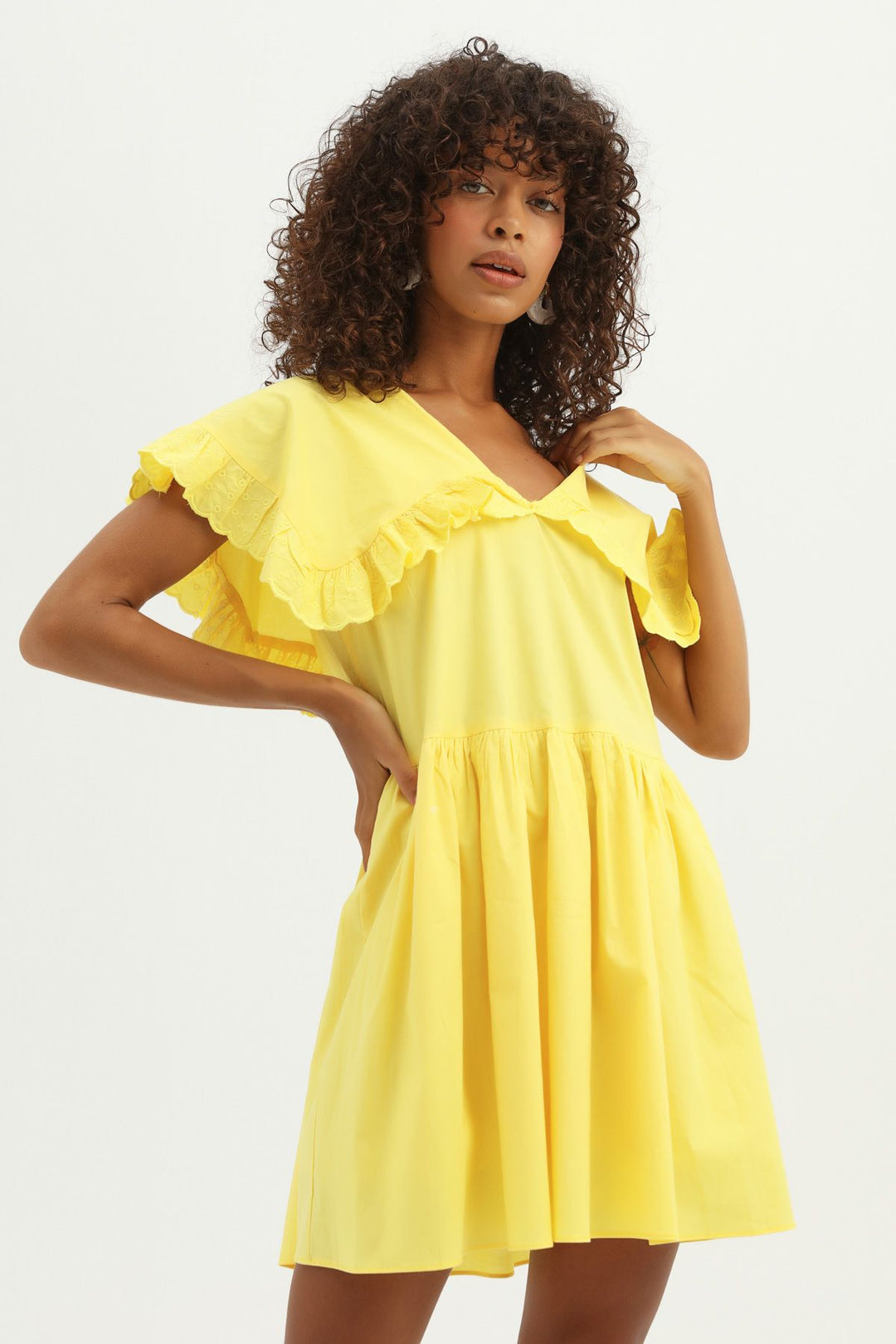 Embroidered Pleated Dress Dark Yellow