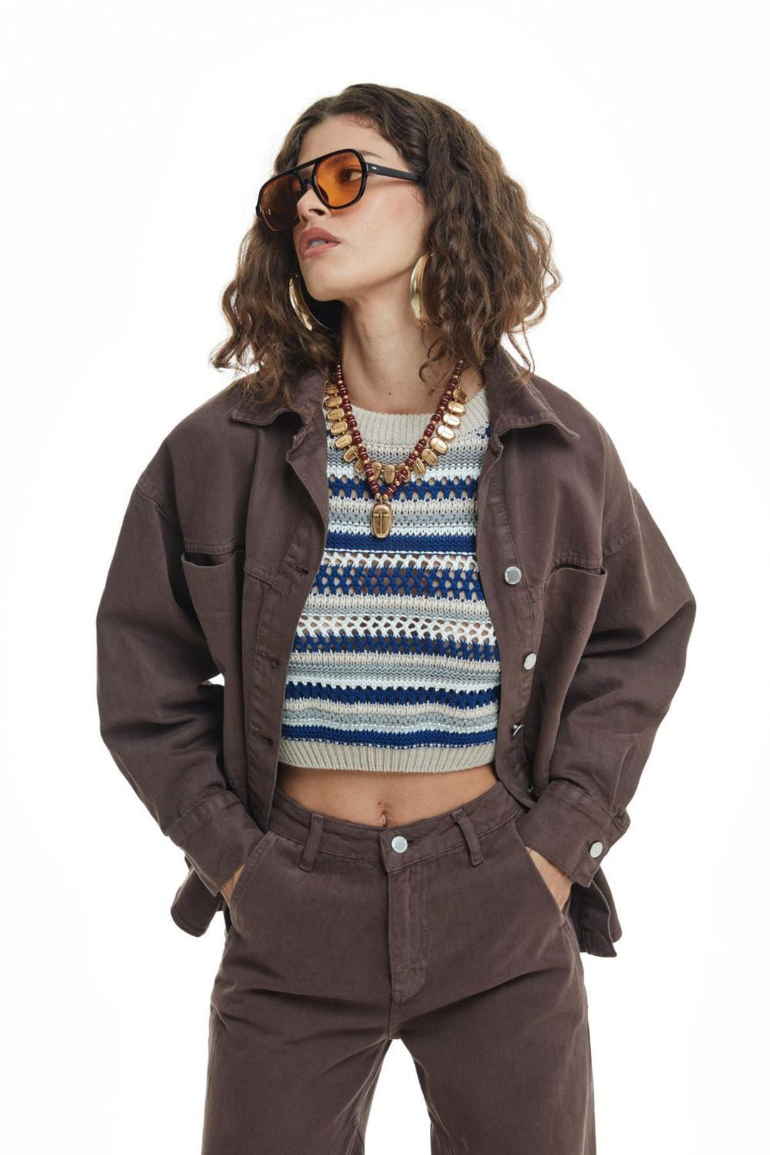 Pocket Detailed Denim Jacket Dark Brown