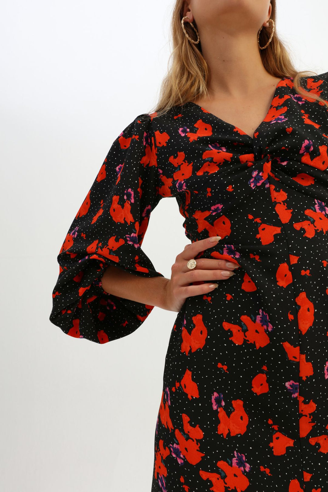 Patterned Low Back Slit Dress Red