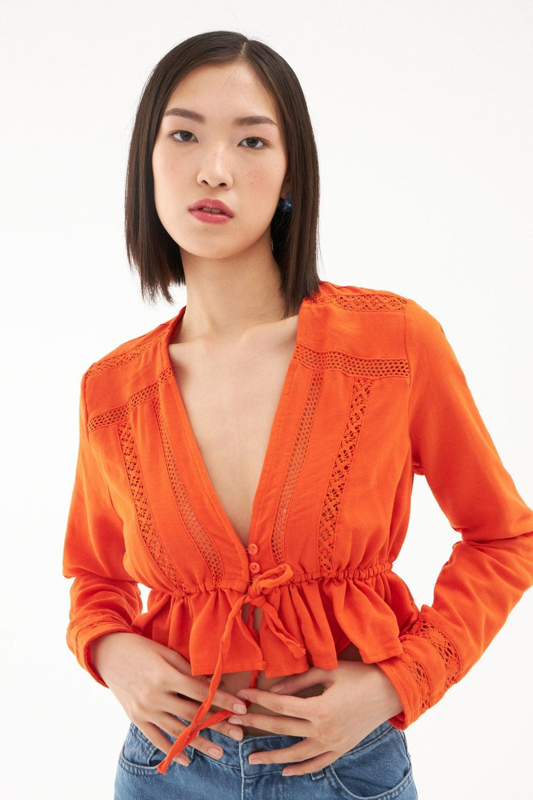 Pleated Waist V Neck Linen Blouse Orange