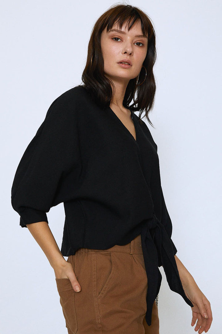 V Neck Bottom Tie Oversize Blouse Black