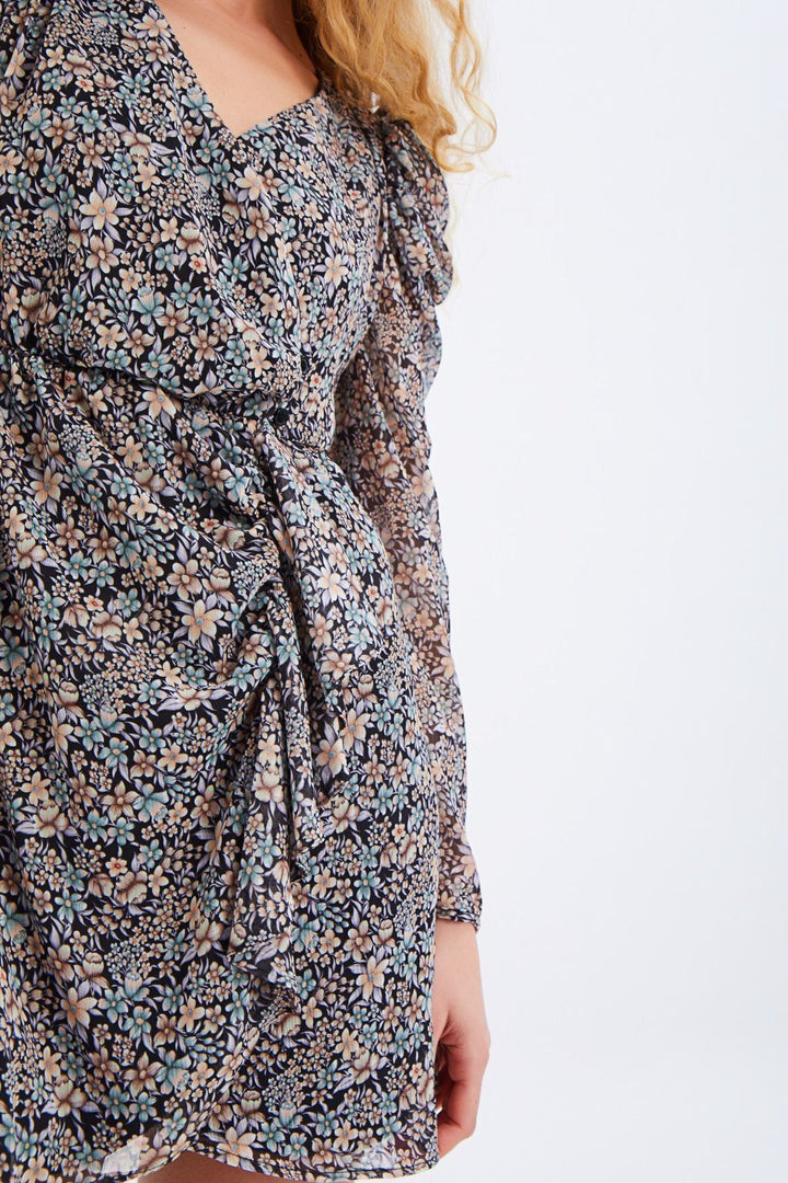 Crispy Floral Patterned Ruffle Double Breasted Mini Dress Black