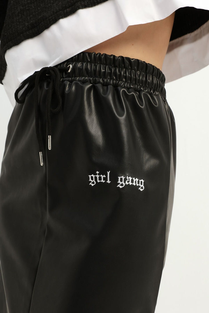 Letter Embroidered Slit Leather Skirt Black