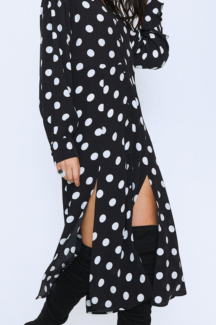 Button Front V-Neck Dress Black