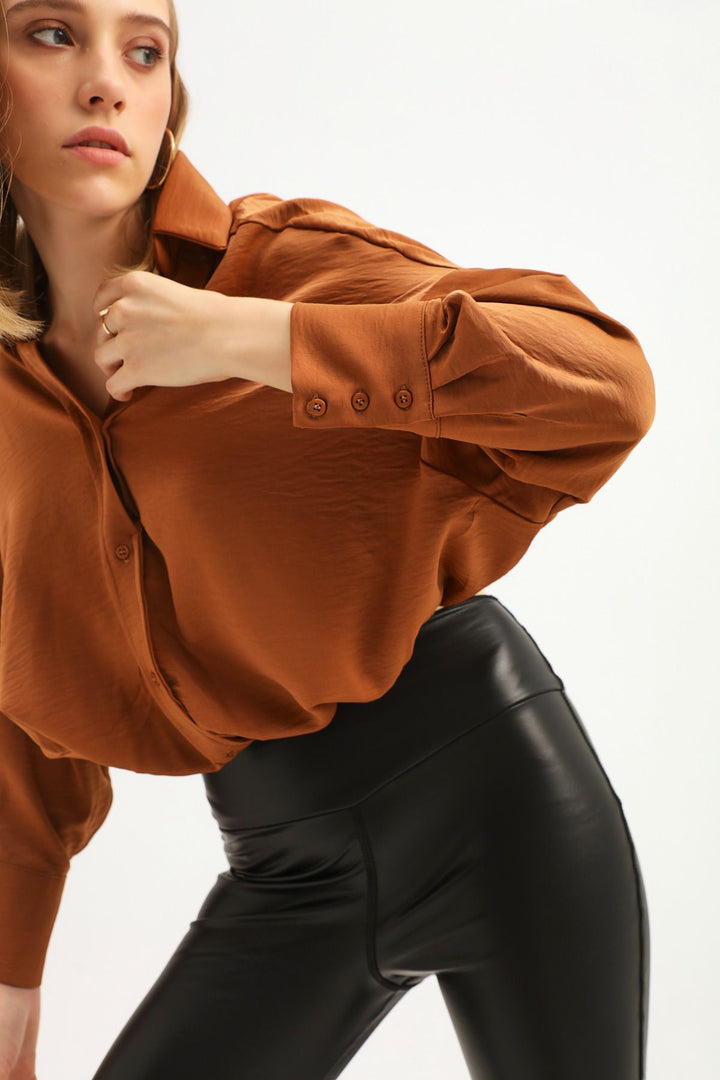 Beli Lastikli V Yaka Bluz Kahverengi