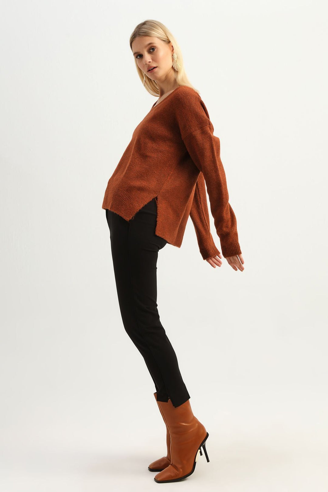 V-Neck Sweater with Side Slits Brown